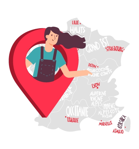 Carte de france pour illustrer le recrutement de l'agence Manala et mis a disposition du personnel qualifier dans tous les régions de la métropole